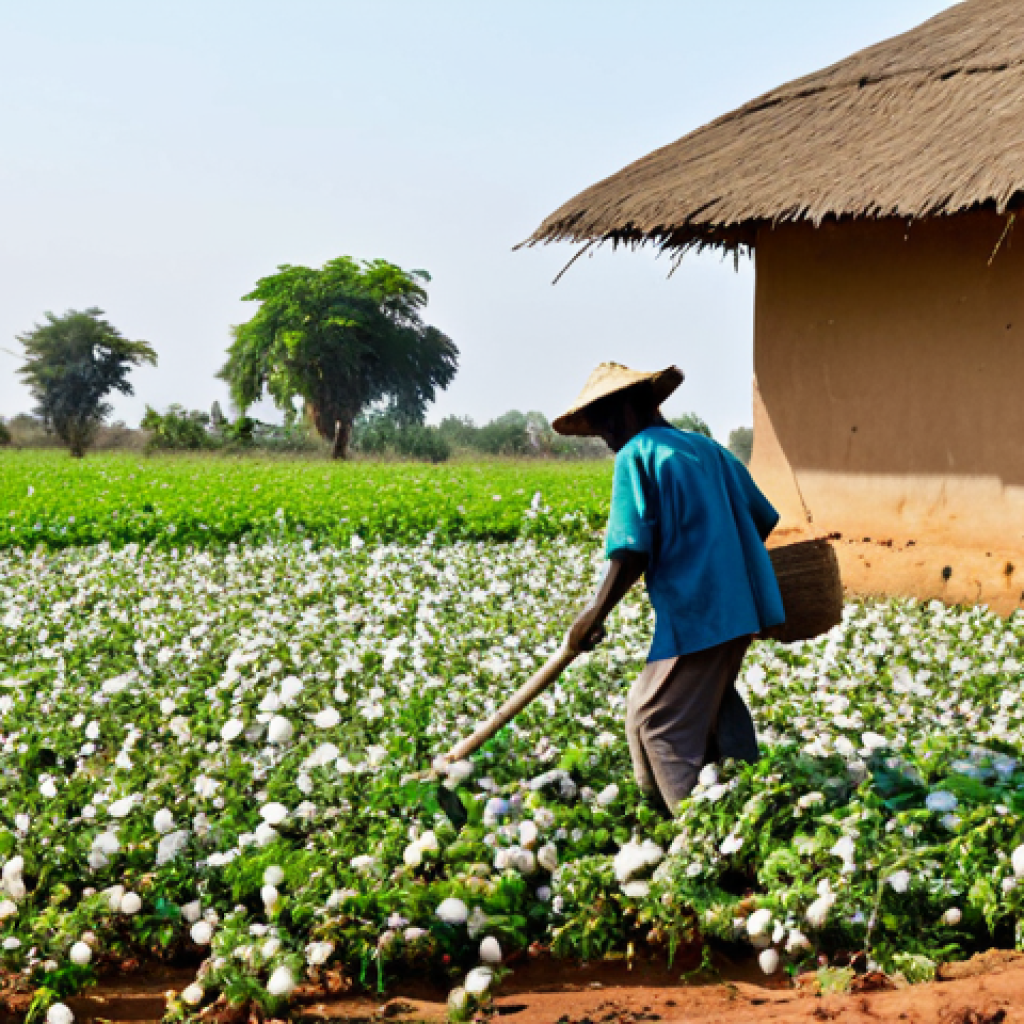 부르키나파소의 농업 및 주요 작물 - A Burkinabé farmer in a field of cotton, fully clothed in traditional work attire, harvesting the cr...