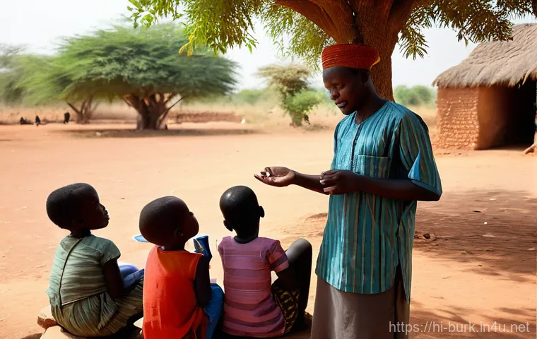 부르키나파소에서의 봉사활동 및 기회 - **Prompt 2: Community collaboration in a Burkinabe sustainable garden**
    A wide, sunlit shot capt...