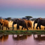 부르키나파소 자연환경 및 생태 관광 - **Burkina Faso Safari: Majestic Elephants at Golden Hour**
    A wide-angle, cinematic shot of a lar...