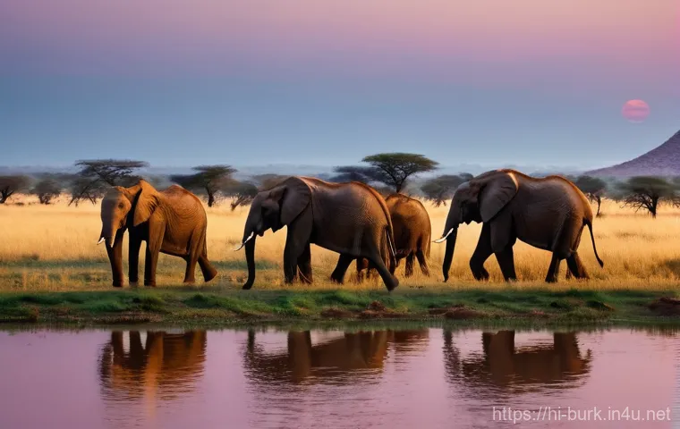 부르키나파소 자연환경 및 생태 관광 - **Burkina Faso Safari: Majestic Elephants at Golden Hour**
    A wide-angle, cinematic shot of a lar...