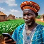 부르키나파소의 스마트폰 보급률 및 IT 발전 상황 - **Prompt:** A vibrant, realistic photograph of a male Burkinabe farmer in his 40s, dressed in tradit...