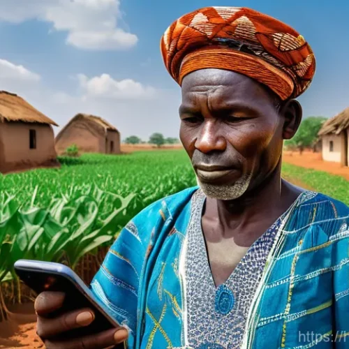 부르키나파소의 스마트폰 보급률 및 IT 발전 상황 - **Prompt:** A vibrant, realistic photograph of a male Burkinabe farmer in his 40s, dressed in tradit...