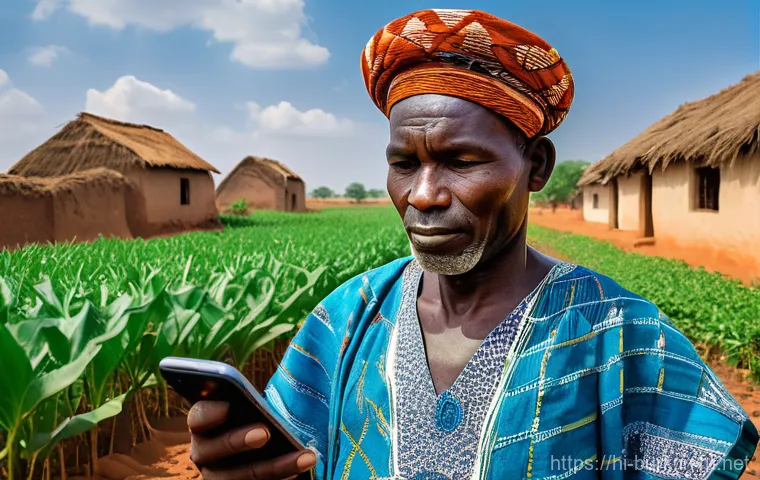 부르키나파소의 스마트폰 보급률 및 IT 발전 상황 - **Prompt:** A vibrant, realistic photograph of a male Burkinabe farmer in his 40s, dressed in tradit...