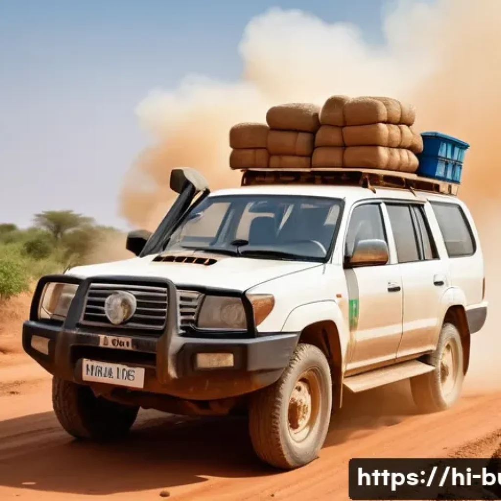 부르키나파소에서 자동차 렌트 시 유의사항 - A rugged rural road in Burkina Faso during the dry season, featuring a sturdy SUV with strong suspen...