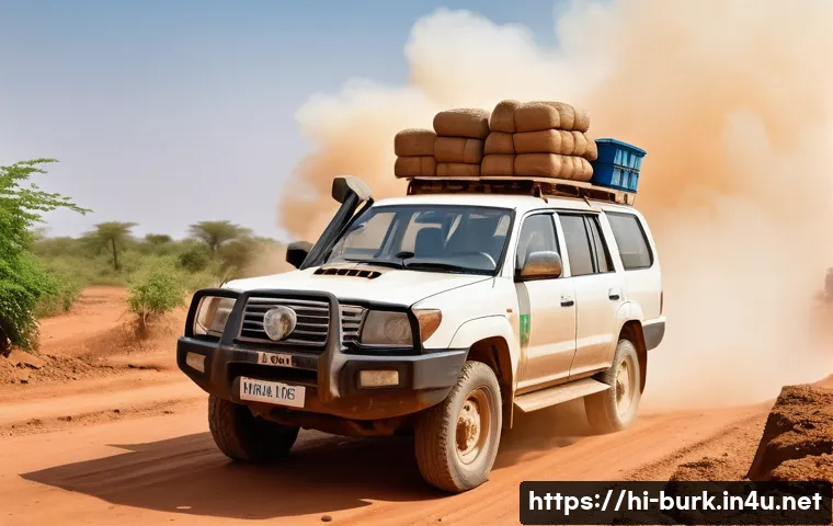 부르키나파소에서 자동차 렌트 시 유의사항 - A rugged rural road in Burkina Faso during the dry season, featuring a sturdy SUV with strong suspen...