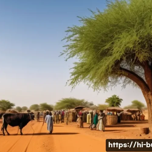 부르키나파소와 말리의 국경 문제 - A detailed scene depicting a rural border village between Burkina Faso and Mali, showing local commu...