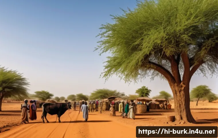 부르키나파소와 말리의 국경 문제 - A detailed scene depicting a rural border village between Burkina Faso and Mali, showing local commu...