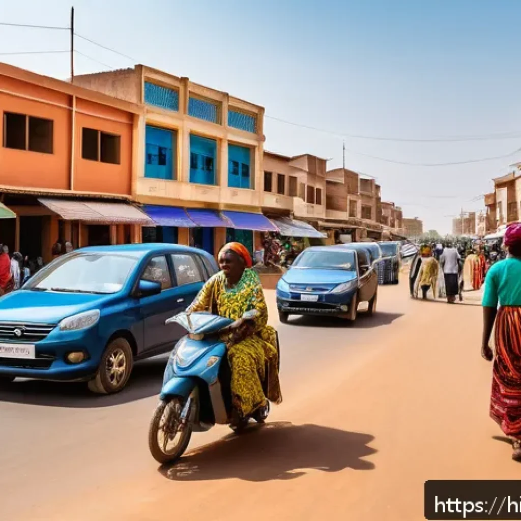 부르키나파소의 도시 개발 및 인프라 투자 - A vibrant urban scene in Burkina Faso showcasing rapid city expansion: wide, newly paved roads bustl...