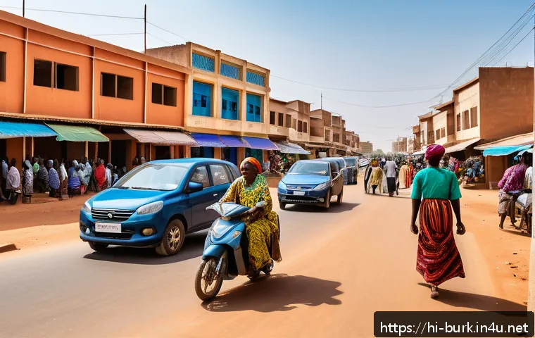 부르키나파소의 도시 개발 및 인프라 투자 - A vibrant urban scene in Burkina Faso showcasing rapid city expansion: wide, newly paved roads bustl...