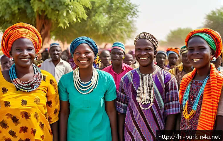 부르키나파소에서 안전하게 여행하는 법 - A respectful cultural scene in Burkina Faso showing a diverse group of local people celebrating a tr...
