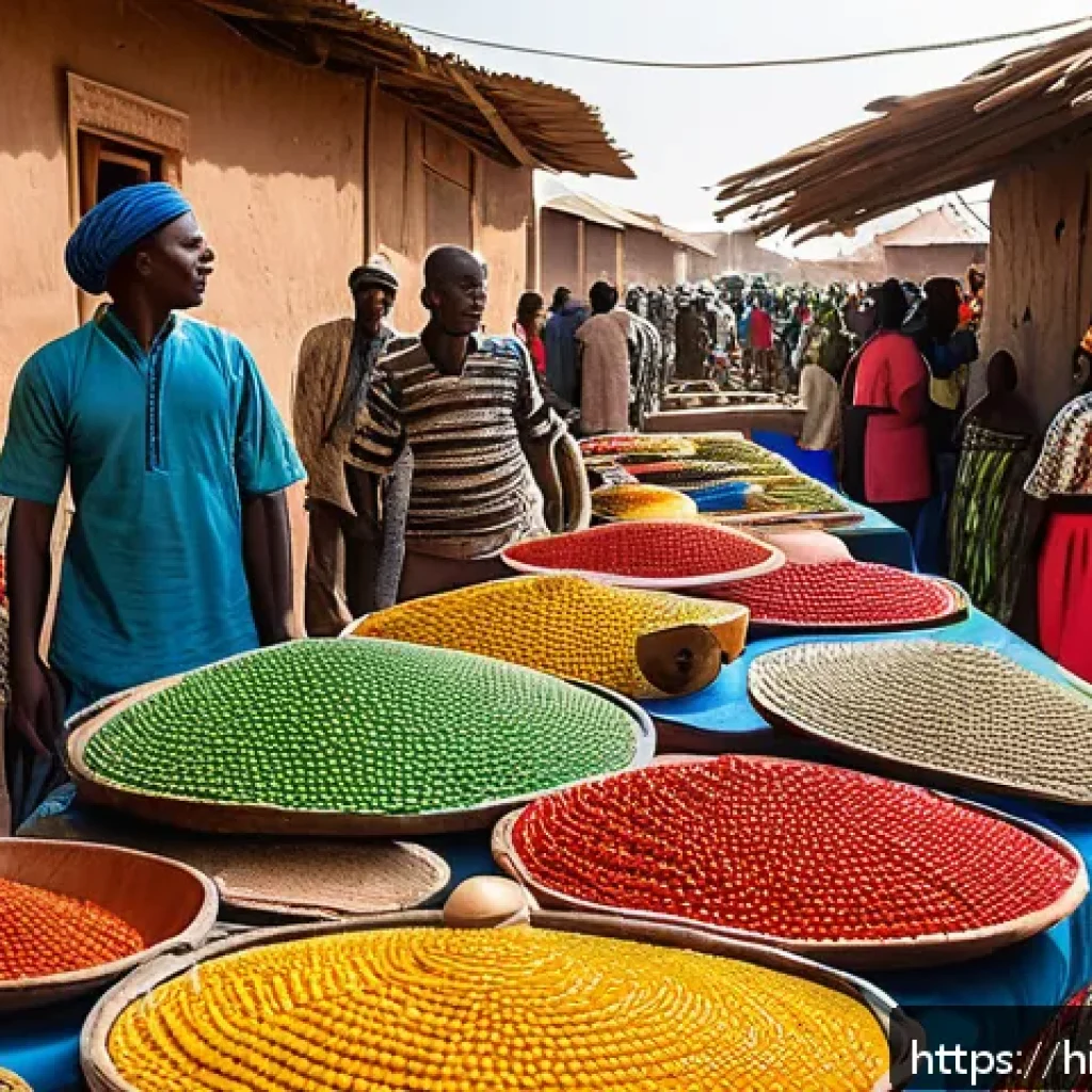 부르키나파소의 민속 공예품 및 전통 시장 - A vibrant traditional Burkina Faso market scene bustling with local artisans and traders, showcasing...