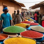 부르키나파소의 민속 공예품 및 전통 시장 - A vibrant traditional Burkina Faso market scene bustling with local artisans and traders, showcasing...