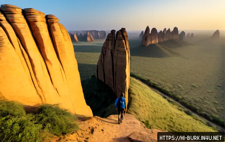 Home 17 부르키나파소의 주요 산맥 및 등산 코스 - Photorealistic sunrise view of the Sindou Peaks in Burkina Faso, dramatic weathered sandstone spires...